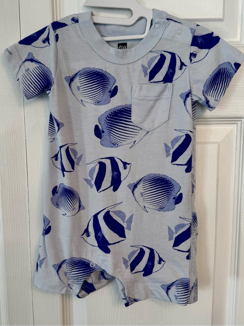 EUC Tea Collection Short-Sleeve Cotton Romper with pocket, blue sharks